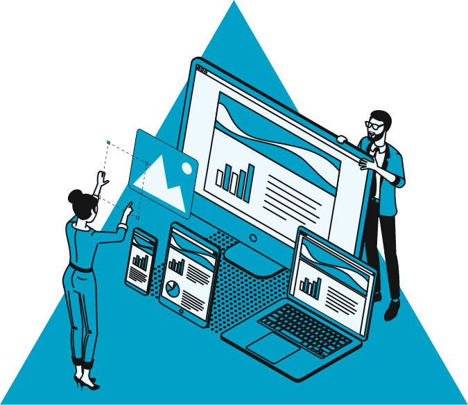 An illustration of two people with digital devices of varying sizes. The backdrop is GROW's blue triangle logo.