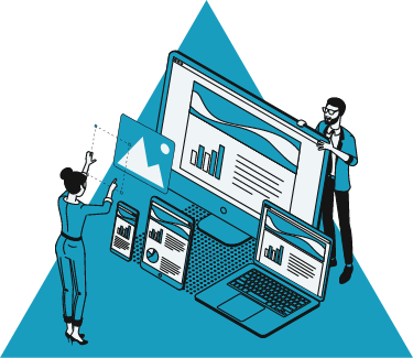 An illustration of two people with digital devices of varying sizes. The backdrop is GROW's blue triangle logo.