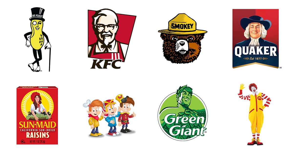 Some iconic mascots including Mr. Peanut, Smokey the Bear, the Jolly Green Giant, and Ronald McDonald